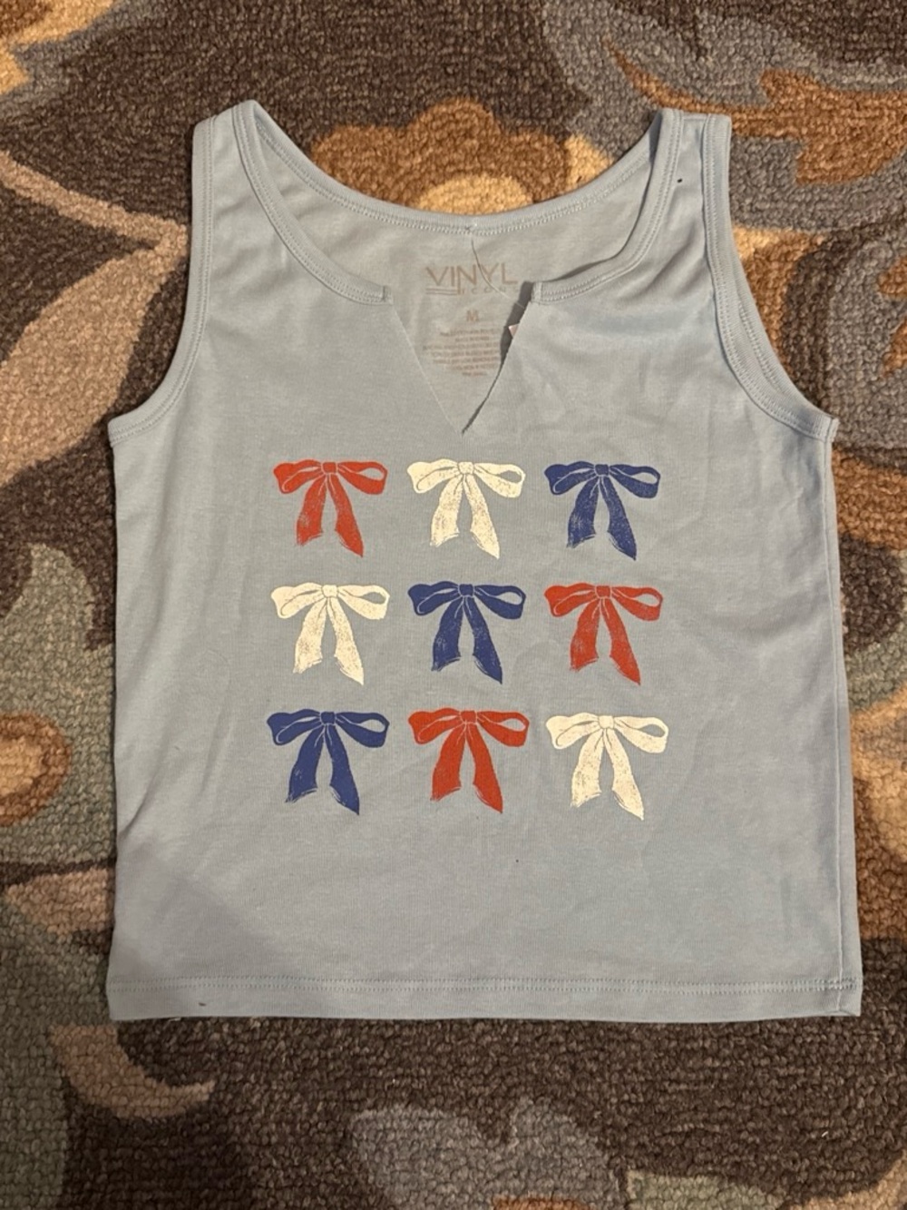 Vinyl Bow-Print Tank Top - Light Blue with Red, Navy & Cream Bows
